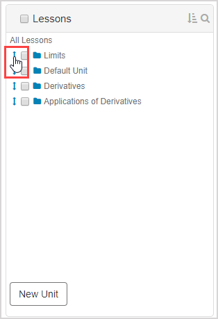 Under the Lessons pane, the cursor is on one of the bidirectional arrows next to the checkboxes and names of units.
